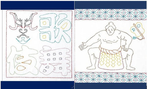 *Sashiko Pre-printed Sampler - Buy One - Get One Free - Sumo Wrester (Navy) & Kabuki Kanji (Navy)