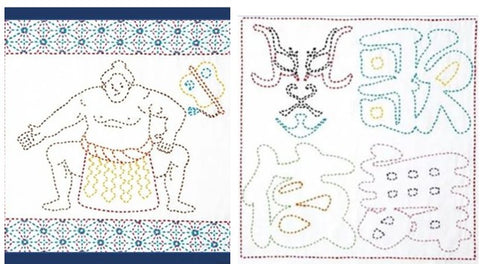 *Sashiko Pre-printed Sampler - Buy One - Get One Free - Sumo Wrestler (Navy) & Kabuki Kanji (White)