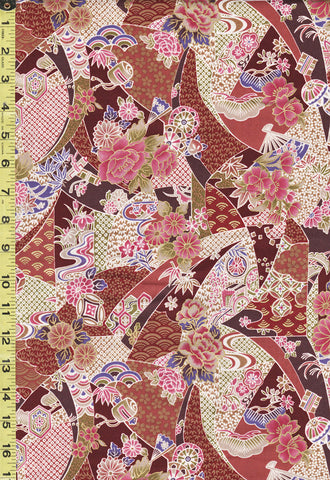 *Japanese - Compact Japanese Floral Collage with Japanese Motifs - TAK TM-7701-B - Maroon
