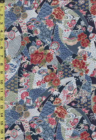 *Japanese - Compact Japanese Floral Collage with Japanese Motifs - TAK TM-7701-C - Blue