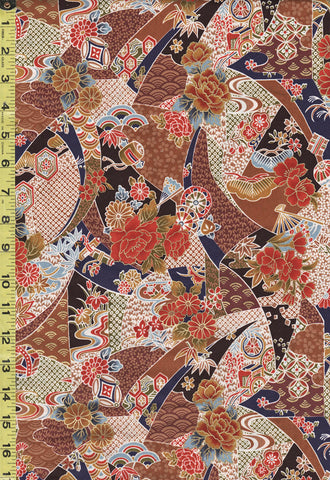 *Japanese - Compact Japanese Floral Collage with Japanese Motifs - TAK TM-7701-D - Brown