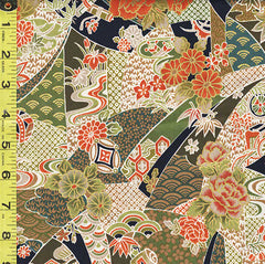 *Japanese - Compact Japanese Floral Collage with Japanese Motifs - TAK TM-7701-E - Olive Green