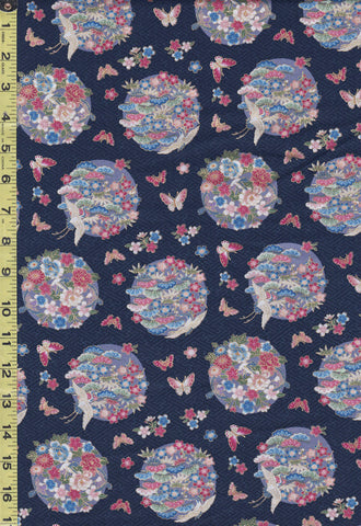 *Japanese - Floating Floral Balls with Butterflies, Blossoms, Pines & Cranes - TAK TM-7702-C - Navy