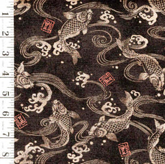 Japanese - Trans-Pacific Koi, Water Swirls & Crested Waves - Dobby Weave - NS-200 - Charcoal - By the Half Yard