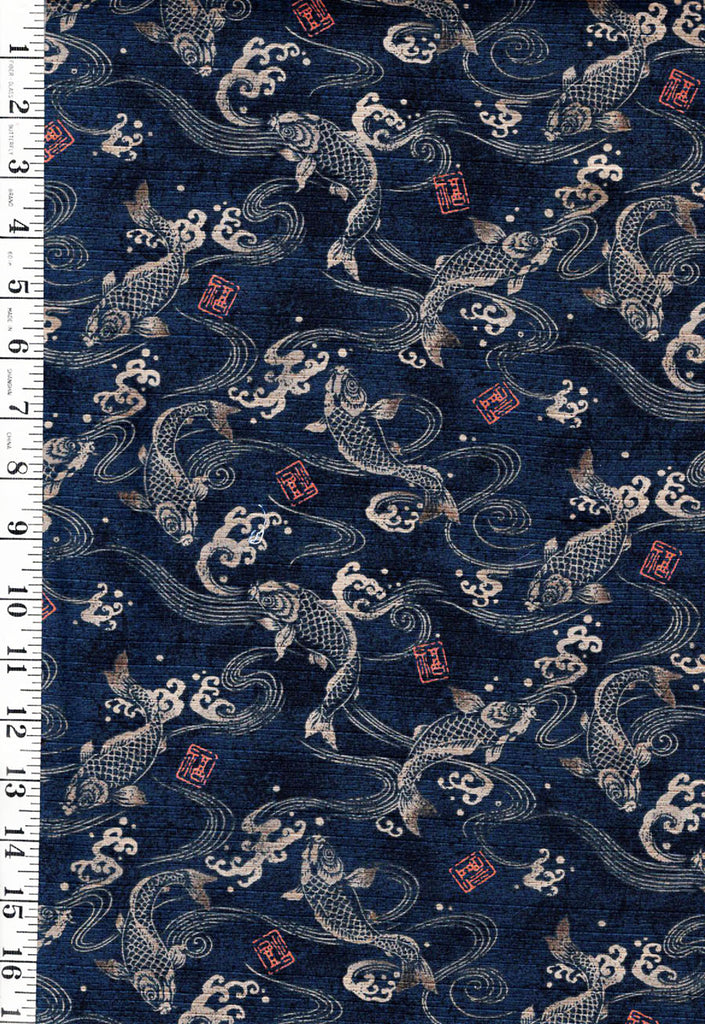 *Japanese - Transpacific Koi, Water Swirls & Crested Waves - Indigo - Last 3 yards