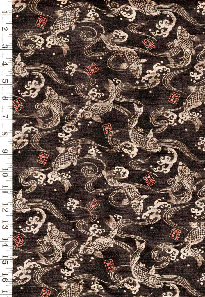 Japanese - Trans-Pacific Koi, Water Swirls & Crested Waves - Dobby Weave - NS-200 - Charcoal - By the Half Yard