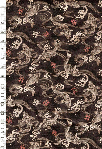 Japanese - Trans-Pacific Koi, Water Swirls & Crested Waves - Dobby Weave - NS-200 - Charcoal - By the Half Yard