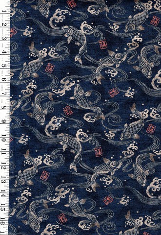 *Japanese - Transpacific Koi, Water Swirls & Crested Waves - Indigo - Last 3 yards