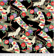 *Asian - TSURU Cranes, Mums & Noshi Ribbons - TSUR-5258-K - Black
