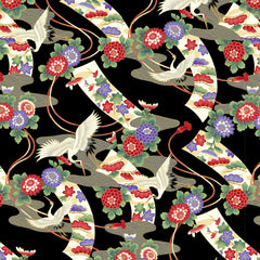 *Asian - TSURU Cranes, Mums & Noshi Ribbons - TSUR-5258-K - Black