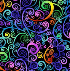 *Novelty - Timeless Treasures - Brightly Colored Swirly Rainbow Scrolls - 1660-7244 - Black - By the Half Yard