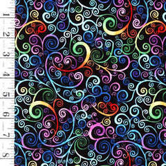 *Novelty - Timeless Treasures - Brightly Colored Swirly Rainbow Scrolls - 1660-7244 - Black - By the Half Yard