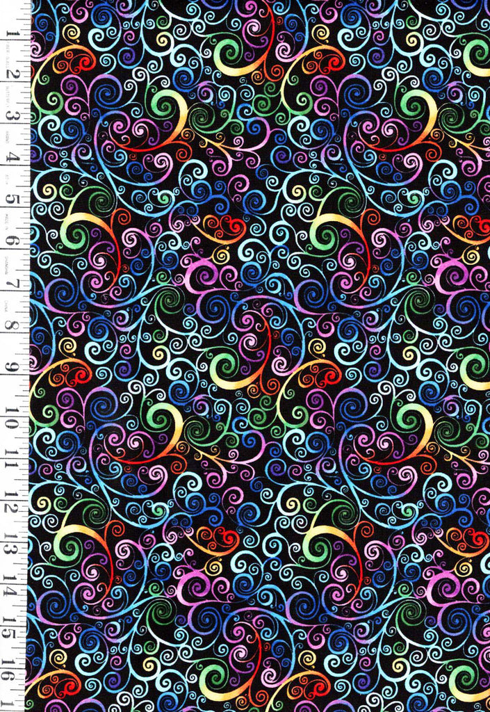 *Novelty - Timeless Treasures - Brightly Colored Swirly Rainbow Scrolls - 1660-7244 - Black - By the Half Yard