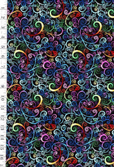 *Novelty - Timeless Treasures - Brightly Colored Swirly Rainbow Scrolls - 1660-7244 - Black - By the Half Yard