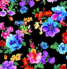 *Floral - Timeless Treasures - Vibrant Colorful Floral - 1866-4177 - Black - By the Half Yard