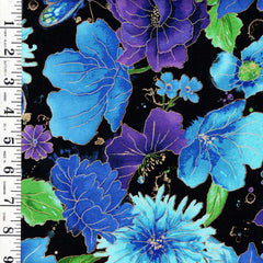 *Floral - Timeless Treasures - Dragonfly Floral with Gold Metallic -1976-7383 - Black - By the Half Yard