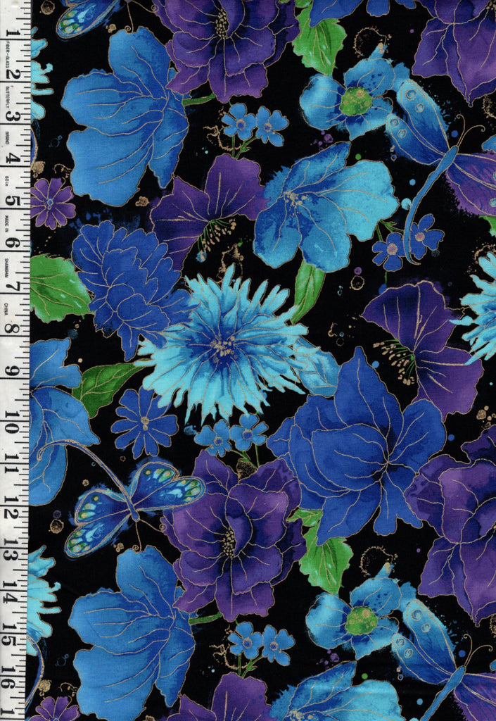 *Floral - Timeless Treasures - Dragonfly Floral with Gold Metallic -1976-7383 - Black - By the Half Yard