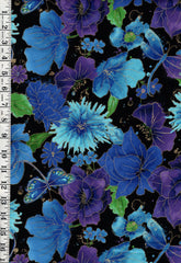 *Floral - Timeless Treasures - Dragonfly Floral with Gold Metallic -1976-7383 - Black - By the Half Yard