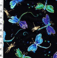 *Novelty - Timeless Treasures - Colorful Tossed Dragonflies with Gold Metallic -1976-7409 - Black - By the Half Yard