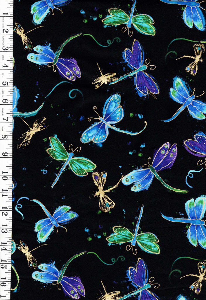 *Novelty - Timeless Treasures - Colorful Tossed Dragonflies with Gold Metallic -1976-7409 - Black - By the Half Yard