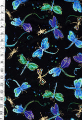 *Novelty - Timeless Treasures - Colorful Tossed Dragonflies with Gold Metallic -1976-7409 - Black - By the Half Yard