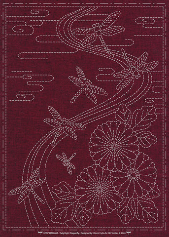 Sashiko Pre-printed Small Panel - QH Textiles - HFNP24RD-04A - Yarn Dyed Nep Fabric - Twilight Dragonfly - BURGUNDY