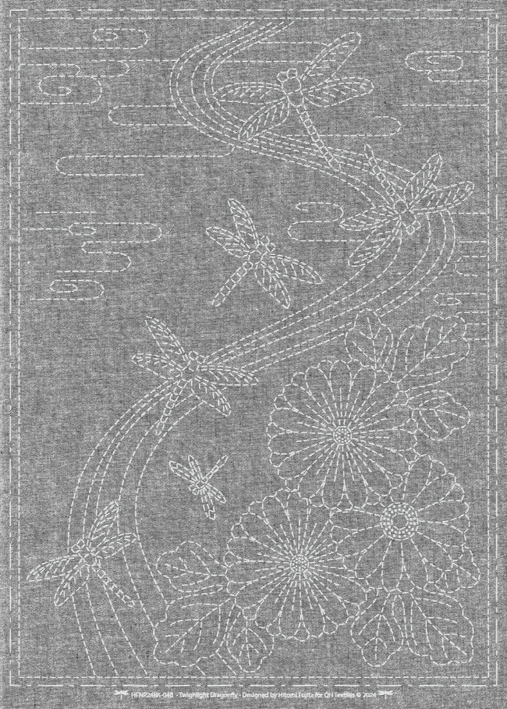 Sashiko Pre-printed Small Panel - QH Textiles - HFNP24BK-04B - Yarn Dyed Nep Fabric - TWILIGHT DRAGONFLY - GRAY