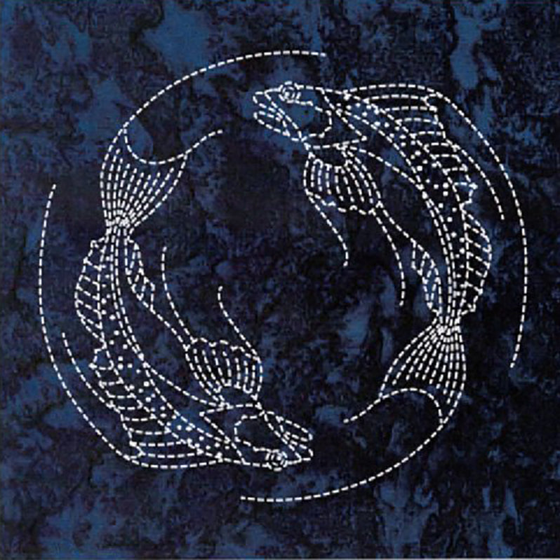 Sashiko - Pre-printed Sea Life Panel - OCEAN Series - TWO FISH - Indigo Batik