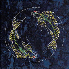 Sashiko - Pre-printed Sea Life Panel - OCEAN Series - TWO FISH - Indigo Batik