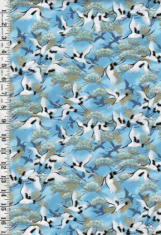Asian - Small Cranes Flying & Japanese Pines - TX-21-11 - Blue - Last 2 1/4 Yards