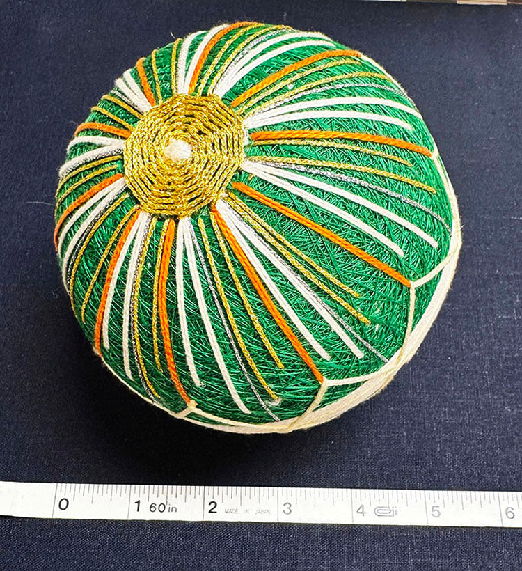 TEMARI BALL - Large Size - Green, Cream & Orange with Gold Metallic - Vintage