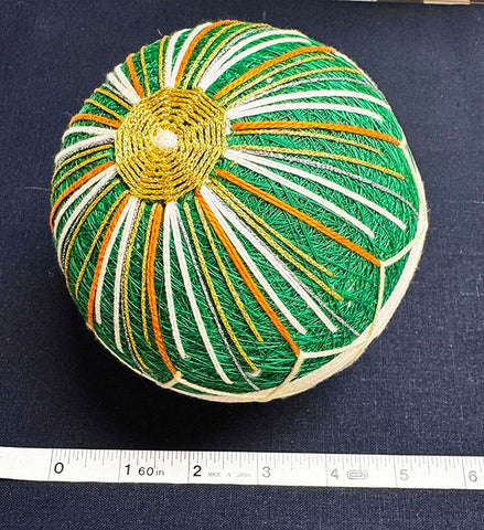 TEMARI BALL - Large Size - Green, Cream & Orange with Gold Metallic - Vintage