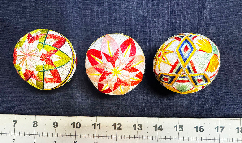 TEMARI BALL - Small Size - Red, Pink & Green with Gold Metallic Threads - SET OF 3 - Vintage