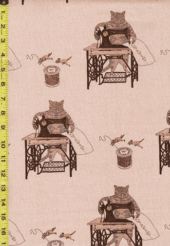 *Japanese - Koizumi Cats & Treadle Sewing Machines - 148-1800-C3 - Cotton-Linen - Rosey Beige & Brown