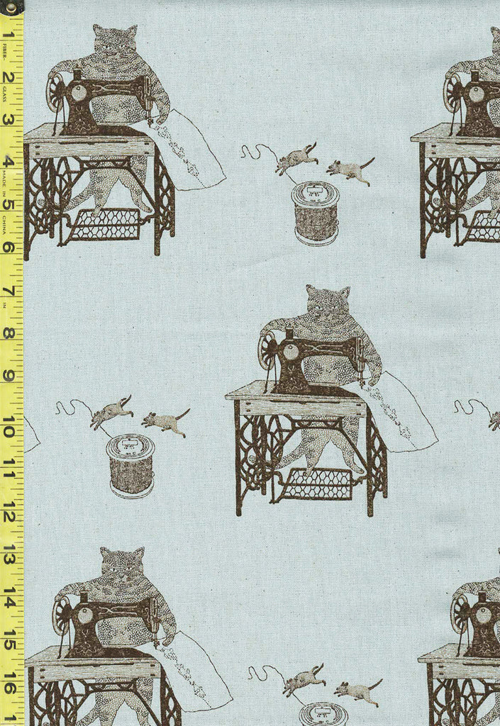 *Japanese - Koizumi Cats & Treadle Sewing Machines - 148-1800-C4 - Cotton-Linen - Blue