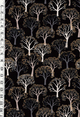 *Japanese - Cosmo Trees with Gold Metallic Buds - Oxford Cloth - Black - Last 1/2 yard
