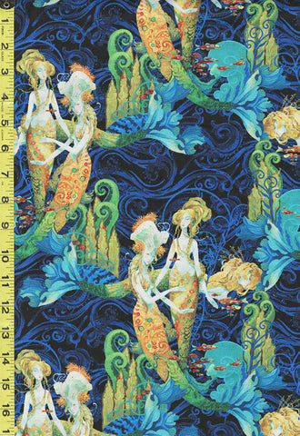Tropical - ATLANTIS Mythical Mermaids - 13287-55 - Blue - Multi-Colors - Last 2 3/8 yards