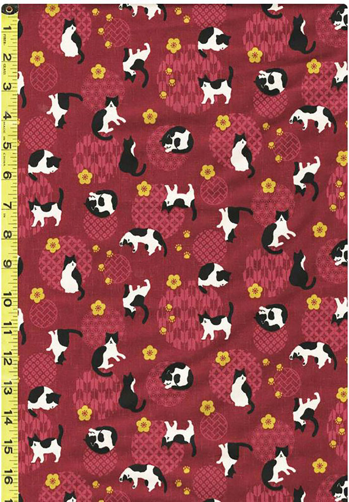 Japanese Novelty - Cosmo Small Tuxedo Cats, Plum Blossoms & Japanese Motif Balls - AP32905-2C - Raspberry