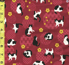 Japanese Novelty - Cosmo Small Tuxedo Cats, Plum Blossoms & Japanese Motif Balls - AP32905-2C - Raspberry