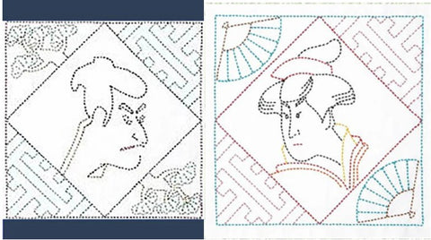*Sashiko Pre-printed Sampler - Buy One - Get One Free - Ukiyo-e Actor (Navy) & Ukiyo-e Beauty (White)