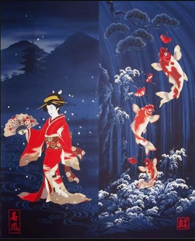 *Asian - WAGARA Geisha & Koi Panel - Navy - LAST ONE