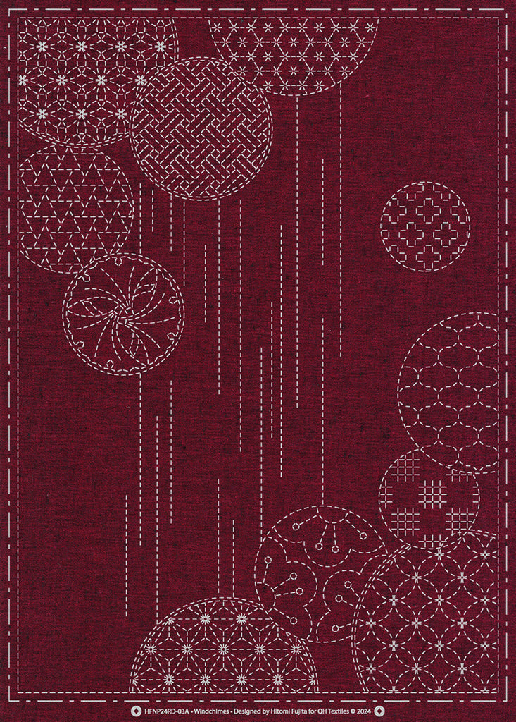 Sashiko Pre-printed Small Panel - QH Textiles - HFNP24RD-03A - Yarn Dyed Nep Fabric - WINDCHIMES - BURGUNDY