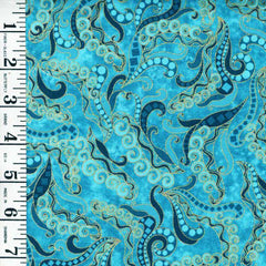Tropical - Swirly Grasses Gone Wild -Turquoise Blue - Last 3/4 yard