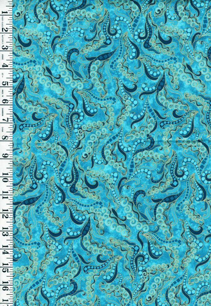 Tropical - Swirly Grasses Gone Wild -Turquoise Blue - Last 3/4 yard
