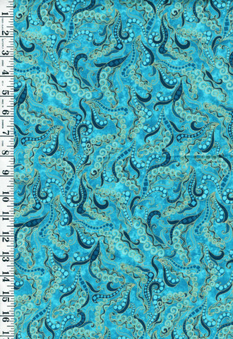 Tropical - Swirly Grasses Gone Wild -Turquoise Blue - Last 3/4 yard