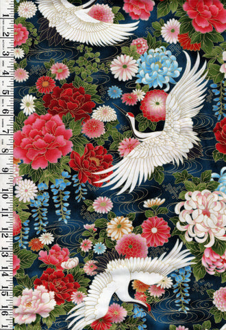 Asian - Wind Song - Flying Cranes & Floral Garden - OA6026401 - Blue - Last 1 1/4 yards