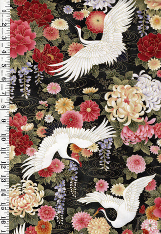 Asian - Wind Song - Flying Cranes & Floral Garden - OA6026401 - Black - By the Yard