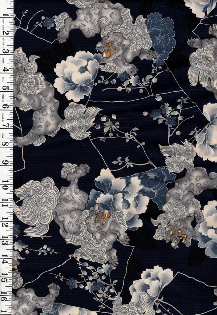 Japanese - KOKKA - Foo Dogs & Peonies - YGA-61050-1C32 - Indigo