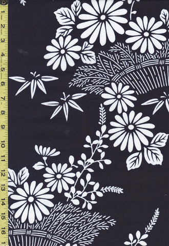 Yukata Fabric - 935 - Daisies & Floating Bamboo Leaves - Indigo