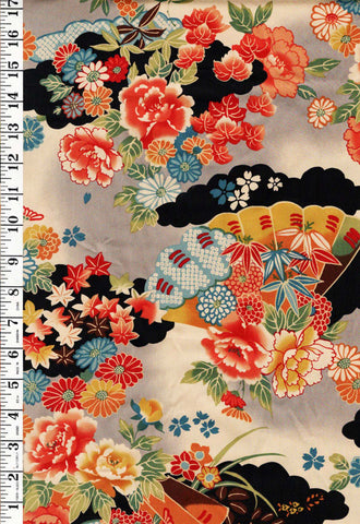 *Yuwa - Floral Fans, Clouds, Maple Leaves - Gray & Light Beige - By the Half Yard